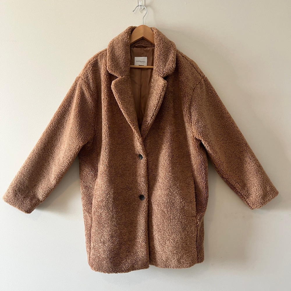 Daily Ritual Teddy Bear Sherpa Jacket Coat Oversized Brown L Faux Fur Warm